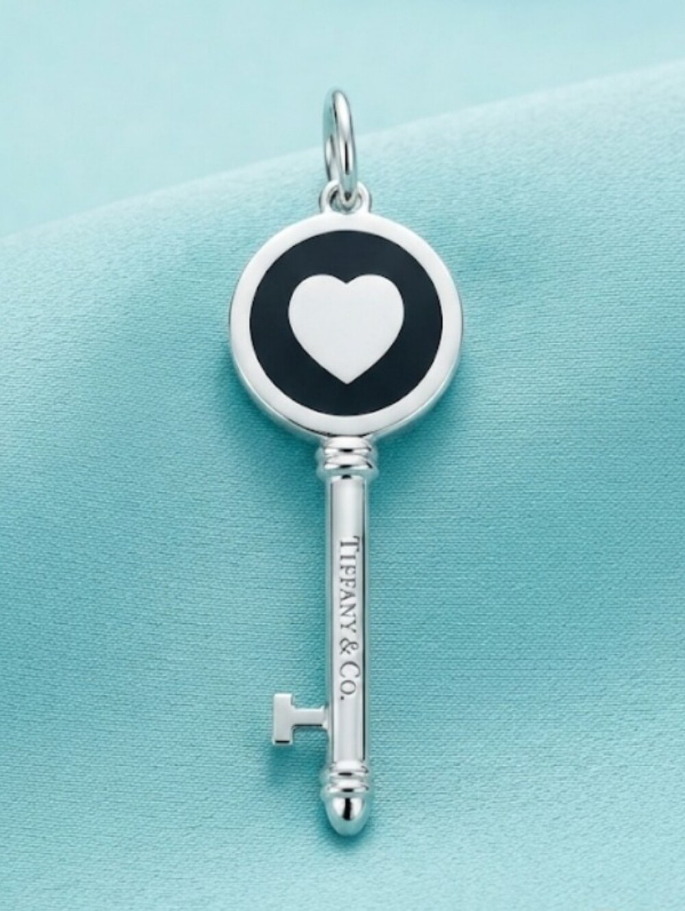 RARE Tiffany Silver Heart Black Enamel Key Pendant